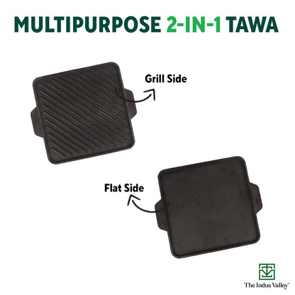 CASTrong Cast Iron 2-in-1 Griddle (Grill Pan + Tawa), Pre-seasoned, 100% Pure, Toxin-free,  Induction, Square,  27.2cm, 4.1 Kg