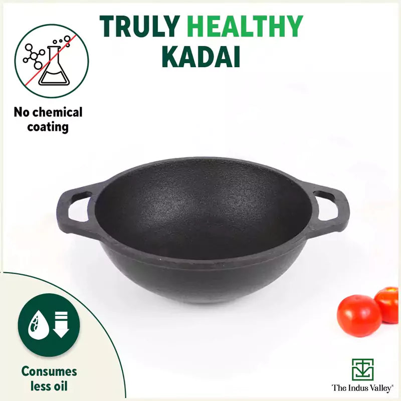 CASTrong Cast Iron Kadai, Flat Handle,Pre-seasoned, Nonstick, 100% Pure, Toxin-free, 20.5/25.6cm, 1.4L/2.4L, 1.8kg/2.5kg