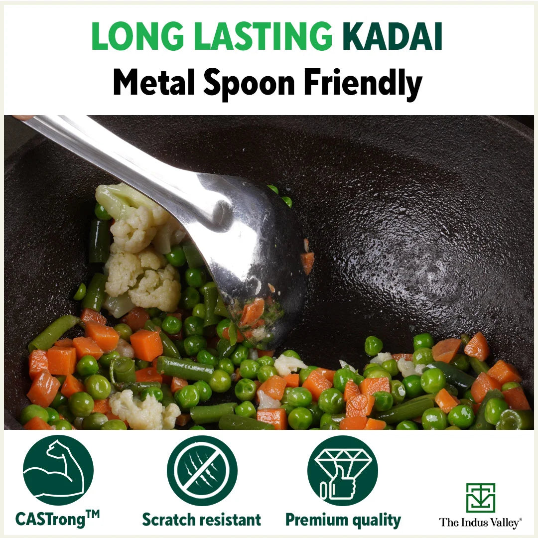 CASTrong Cast Iron Kadai, Pre-seasoned, Nonstick, 100% Pure, Toxin-free, Induction, 21/25cm, 1.7L/3.3kg