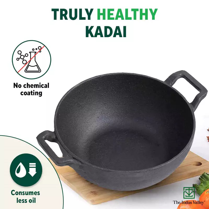 CASTrong Cast Iron Kadai, Pre-seasoned, Nonstick, 100% Pure, Toxin-free, Induction, 21/25cm, 1.7L/3.3kg