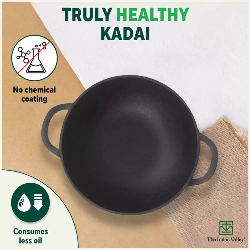 CASTrong Cast Iron Kadai, Pre-seasoned, Nonstick, 100% Pure, Toxin-free, 27cm, 2.5L, 2.5kg