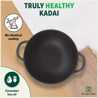 CASTrong Cast Iron Kadai, Pre-seasoned, Nonstick, 100% Pure, Toxin-free, 27cm, 2.5L, 2.5kg