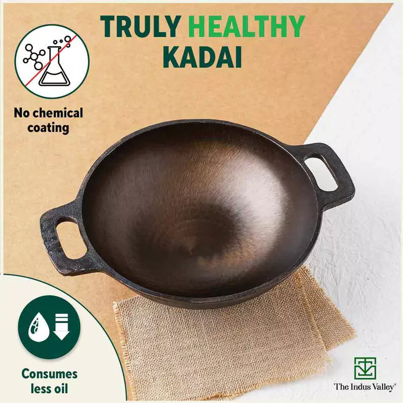 Super Smooth Cast Iron Kadai (Wok Model), Pre-seasoned, Nonstick, 100% Pure, Toxin-free, 17.8/20.3cm, 1/1.3L, 1.1/1.8kg
