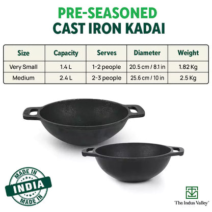 CASTrong Cast Iron Kadai, Flat Handle,Pre-seasoned, Nonstick, 100% Pure, Toxin-free, 20.5/25.6cm, 1.4L/2.4L, 1.8kg/2.5kg
