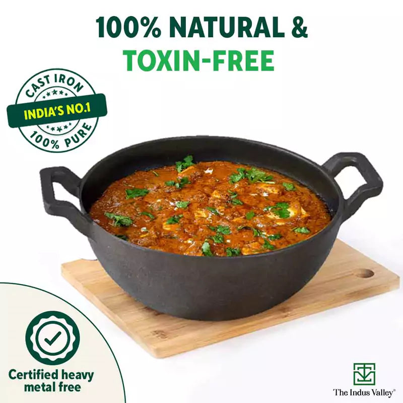 CASTrong Cast Iron Kadai, Pre-seasoned, Nonstick, 100% Pure, Toxin-free, Induction, 21/25cm, 1.7L/3.3kg
