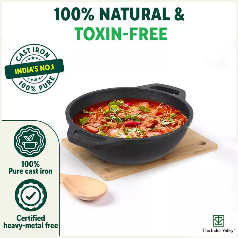 CASTrong Cast Iron Kadai, Flat Handle,Pre-seasoned, Nonstick, 100% Pure, Toxin-free, 20.5/25.6cm, 1.4L/2.4L, 1.8kg/2.5kg