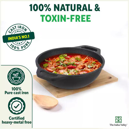 CASTrong Cast Iron Kadai, Flat Handle,Pre-seasoned, Nonstick, 100% Pure, Toxin-free, 20.5/25.6cm, 1.4L/2.4L, 1.8kg/2.5kg