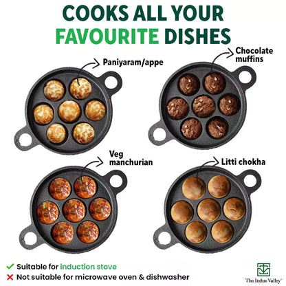Super Smooth 7 Pit/Cup Cast Iron Paniyaram/Appe Pan+ Free Spatula, Pre-seasoned, Natural Nonstick, 100% Pure, Toxin-free, 18.9cm, 2.26 kg