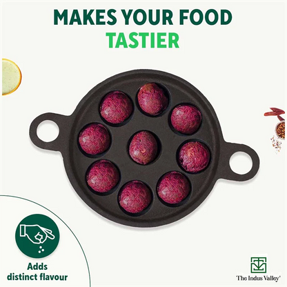 Super Smooth 9 Pit/Cup Cast Iron Paniyaram/Appe Pan+ Free Spatula, Pre-seasoned, Natural Nonstick, 100% Pure, Toxin-free, 20.7 cm, 2.8kg