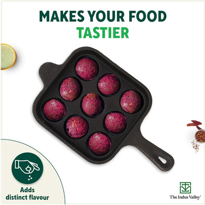 9 Pit/Cup CASTrong Cast Iron Paniyaram/Appe pan+ Free Spatula, Square, Long handle, Pre-seasoned, Nonstick, 100% Pure, Toxin-free, 18.5cm, 2.4kg