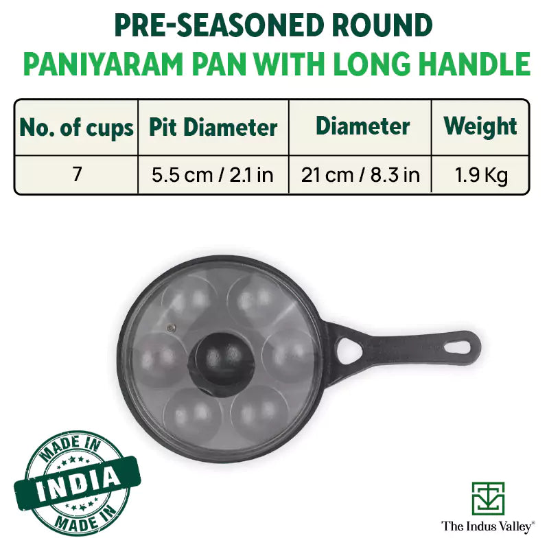 7 Pit/Cup CASTrong Cast Iron Paniyaram/Appe Pan+ Glass Lid, Pre-seasoned, Nonstick, 100% Pure, Toxin-free, 21 cm, 1.9 kg