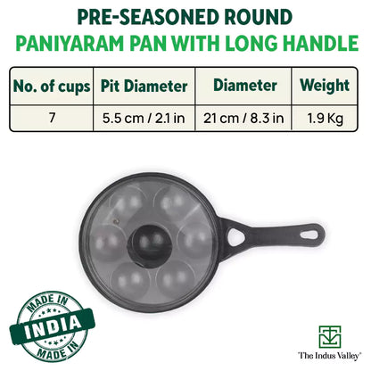 7 Pit/Cup CASTrong Cast Iron Paniyaram/Appe Pan+ Glass Lid, Pre-seasoned, Nonstick, 100% Pure, Toxin-free, 21 cm, 1.9 kg