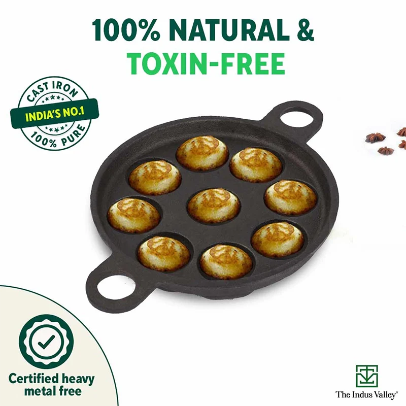 Super Smooth 9 Pit/Cup Cast Iron Paniyaram/Appe Pan+ Free Spatula, Pre-seasoned, Natural Nonstick, 100% Pure, Toxin-free, 20.7 cm, 2.8kg