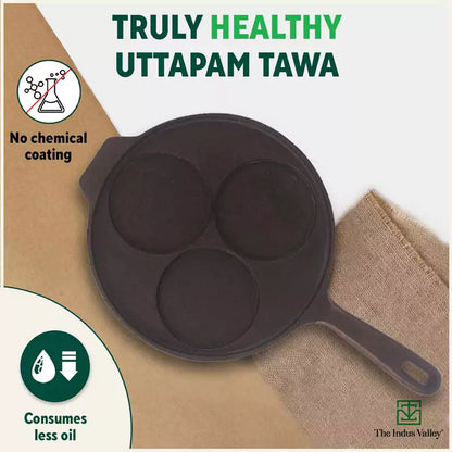 CASTrong Cast Iron Uttapam/ Set Dosa Tawa, 3 Pit, Pre-seasoned, 100% Pure, Toxin-free, Induction, 23cm
