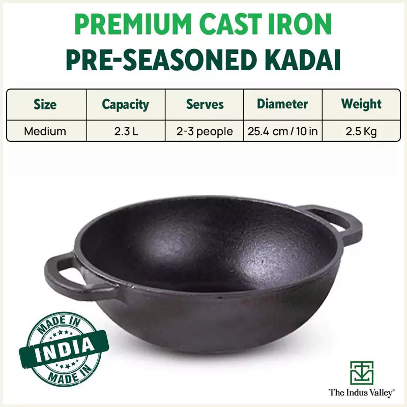 CASTrong Cast Iron Kadai,Pre-seasoned, Nonstick, 100% Pure, Toxin-free, Induction, 25.4cm,2.3L, 2.51kg