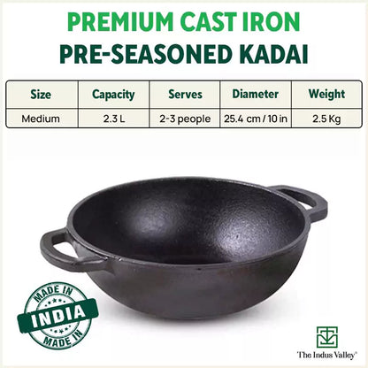 CASTrong Cast Iron Kadai,Pre-seasoned, Nonstick, 100% Pure, Toxin-free, Induction, 25.4cm,2.3L, 2.51kg