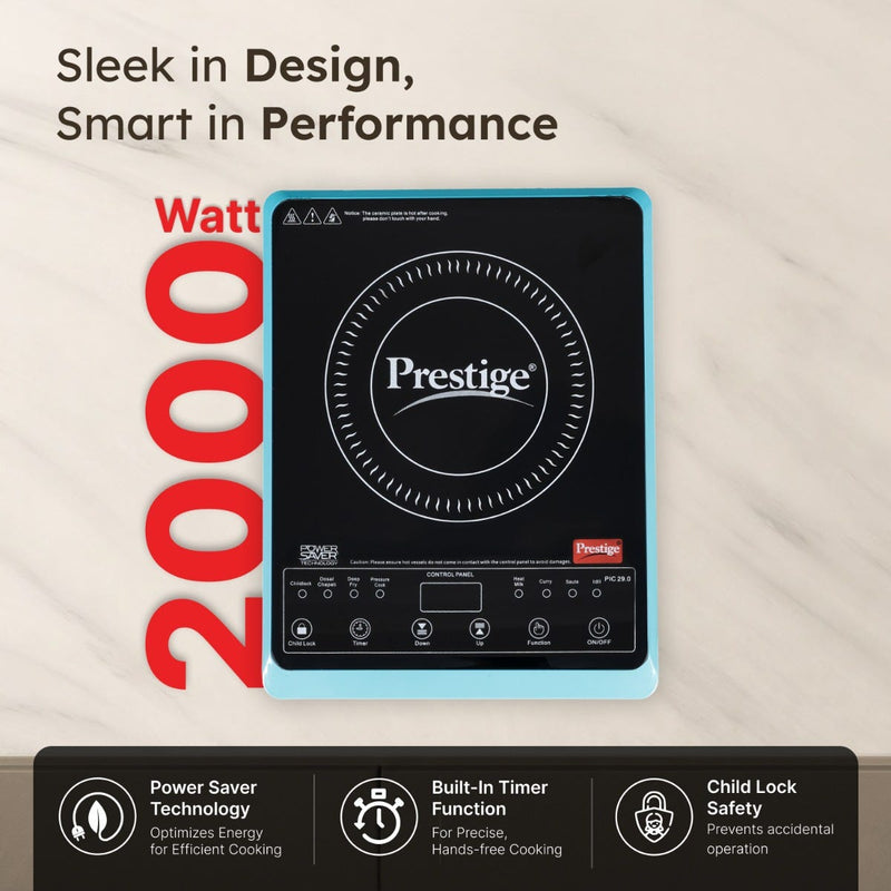 Prestige PIC 29.0 Induction Cooktop 2000W with Preset Indian Menu Options, Blue + Prestige Omega Deluxe Granite Alpha 3 Pc BYK Non-Stick Set: Kadai 24cm with Glass Lid, Omni Tawa 28cm, Fry Pan 24cm