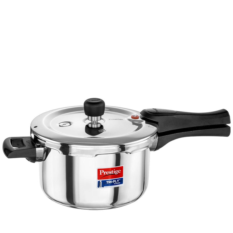 Prestige 3 Litre TRIPLY Svachh Outer Lid Pressure Cooker, Deep Lid Spillage Control, Gas & Induction + Prestige Platina Popular Stainless Steel Impact Forged Bottom Kadai with Glass Lid, 24cm, 2.8 L