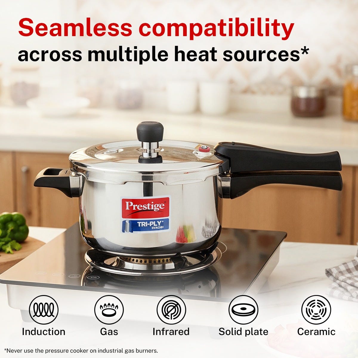 Prestige Edge PEBS 03L Manual Powder Coated with Aluminium Frame 3 Burners Gas Stove, Black, Prestige Svachh Triply Outer Lid Pressure Cooker with Unique Deep Lid for Spillage Control, 5 Litre, Silver