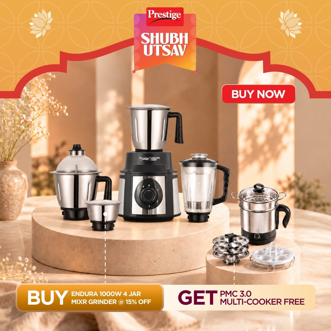 Prestige Endura 1000W 4 Jar Mixer Grinder: 3 SS Jars + 1 Juicer Jar, Ball Bearing Copper Motor, SS Blades, Black, 5Y Motor Warranty + Prestige 1.5L PMC 3.0 Plus Multi Kettle / Multi Cooker