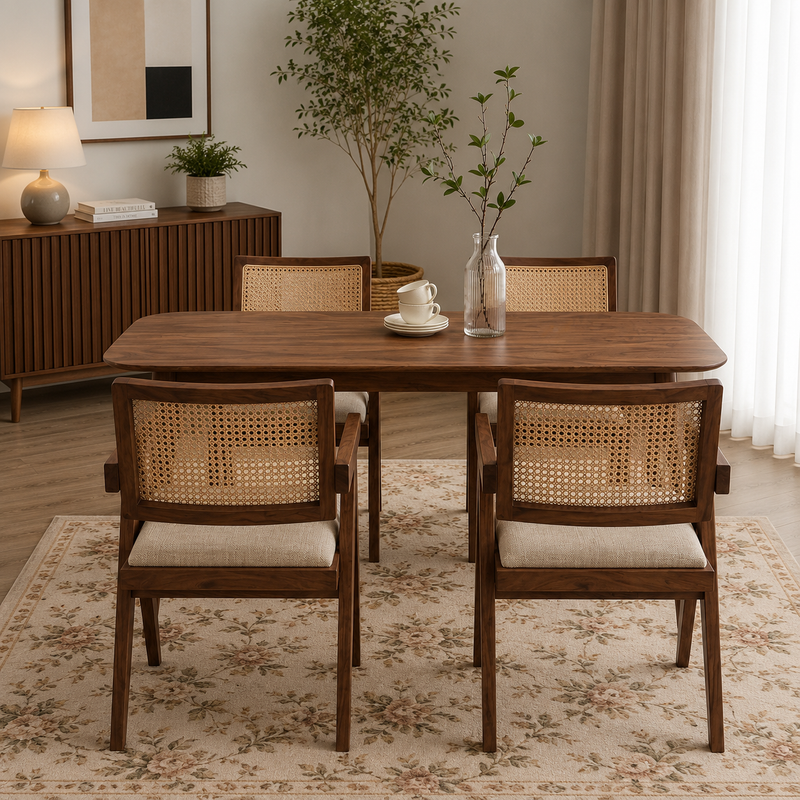 Astera Sheesham Wood 4 Seater Dining Set with Natural Cane Chairs