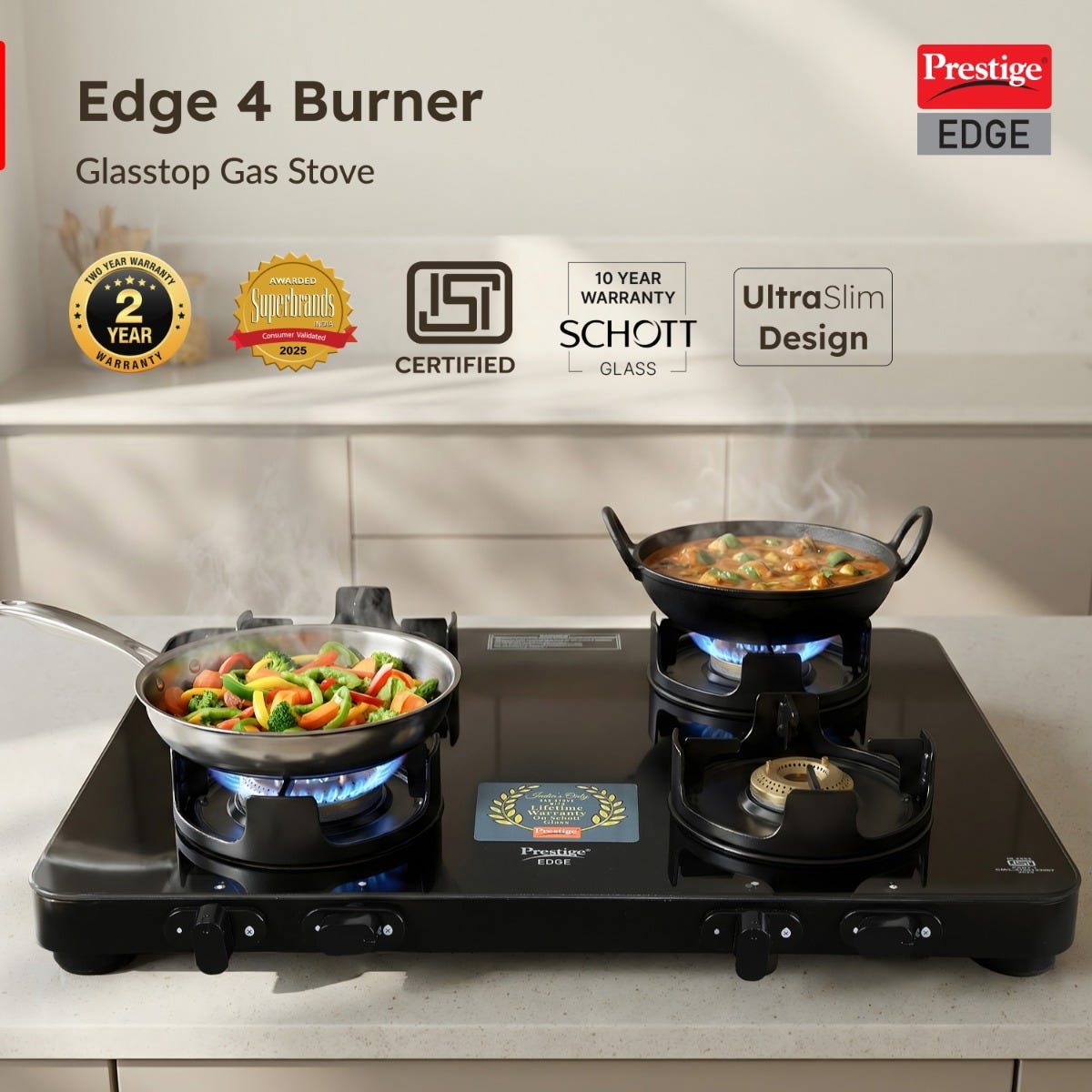 Prestige Edge PEBS 04 4 Burner Manual Gas Stove, Black + Prestige 5 L Tri-Ply Svachh Inner Lid Pressure Cooker, Gas & Induction Compatible, Spillage Control, 5 Years Warranty, Silver