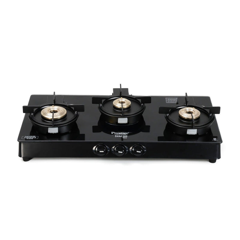 Prestige Svachh Neo 3 Burner Glass Top Gas Stove, Liftable Burners, Black, ISI + Prestige 3 Litre TRIPLY Svachh Inner Lid Pressure Cooker, Deep Lid for Spillage Control, Gas & Induction