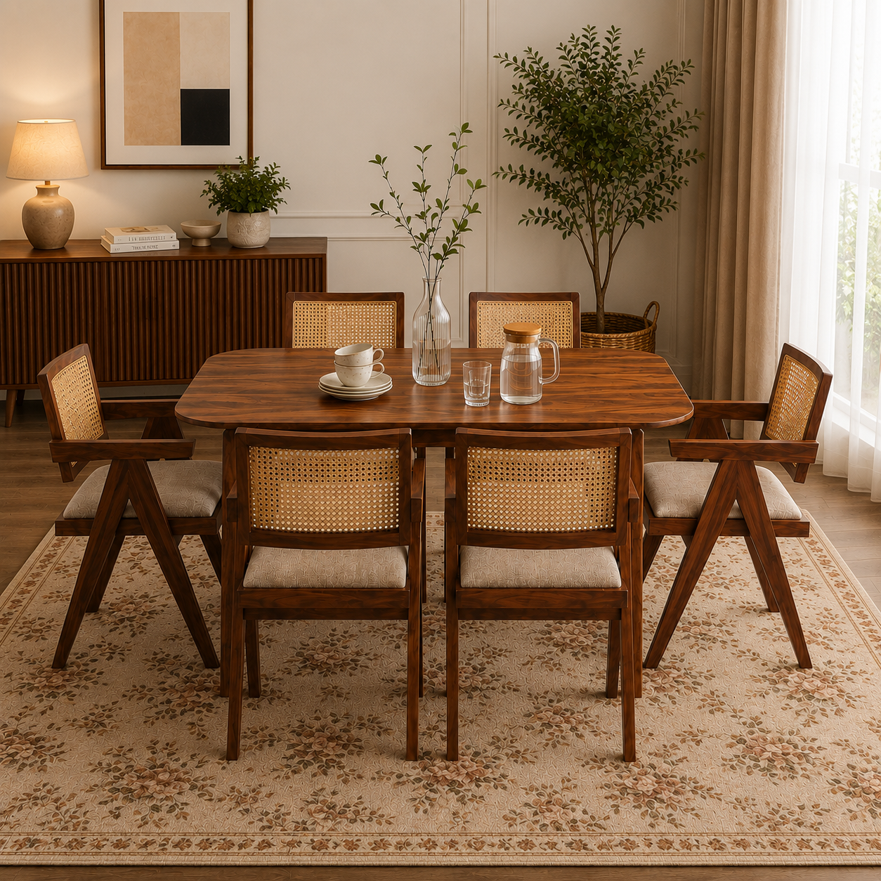 Astera Sheesham Wood 6 Seater Dining Set with Natural Cane Chairs