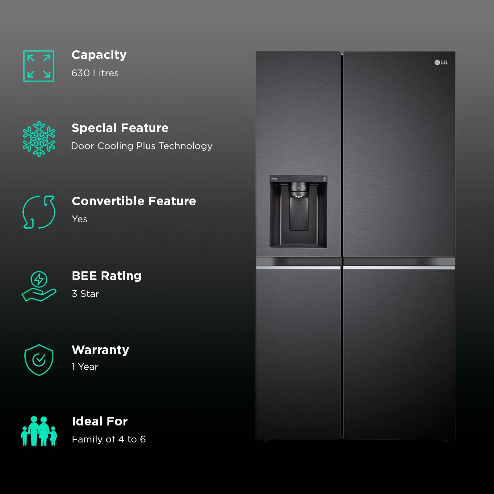 LG 630 Litres 3 Star Frost Free Side by Side Door Smart Wifi Enabled Refrigerator with Multi Air Flow (GL-L257CMC3, Matt Black)