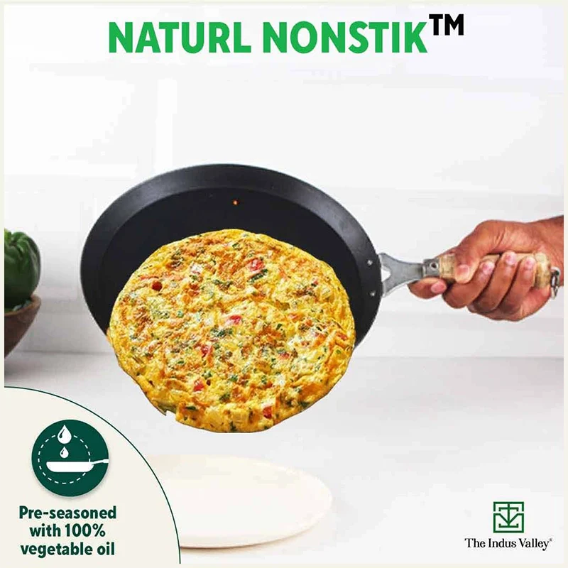 100% Pure Sheet Iron Tawa, Wooden Handle, Seasoned, Toxin-free, Induction, 26cm, 1kg