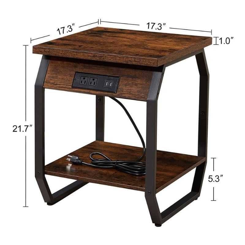 Rustic Smart Charging Sofa Side Table with Storage Shelf | Wooden Side Table with Built-In Power Outlets & USB Ports | Industrial Style | Compact Living Room Furniture