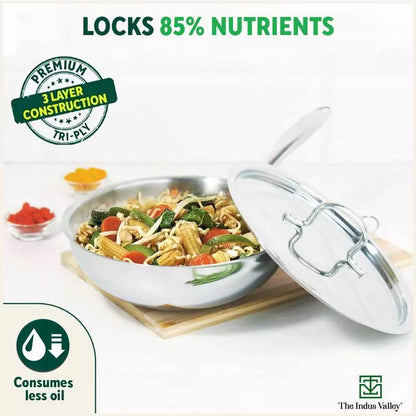 TurboCuk Tri-ply Stainless Steel Wok/Fry Pan+ Steel Lid, Premium Quality, 3 Layer Thick Body, 100% Toxin-free, Non-stick, Induction & Gas, 1.8/2.3L, 1/1.6kg