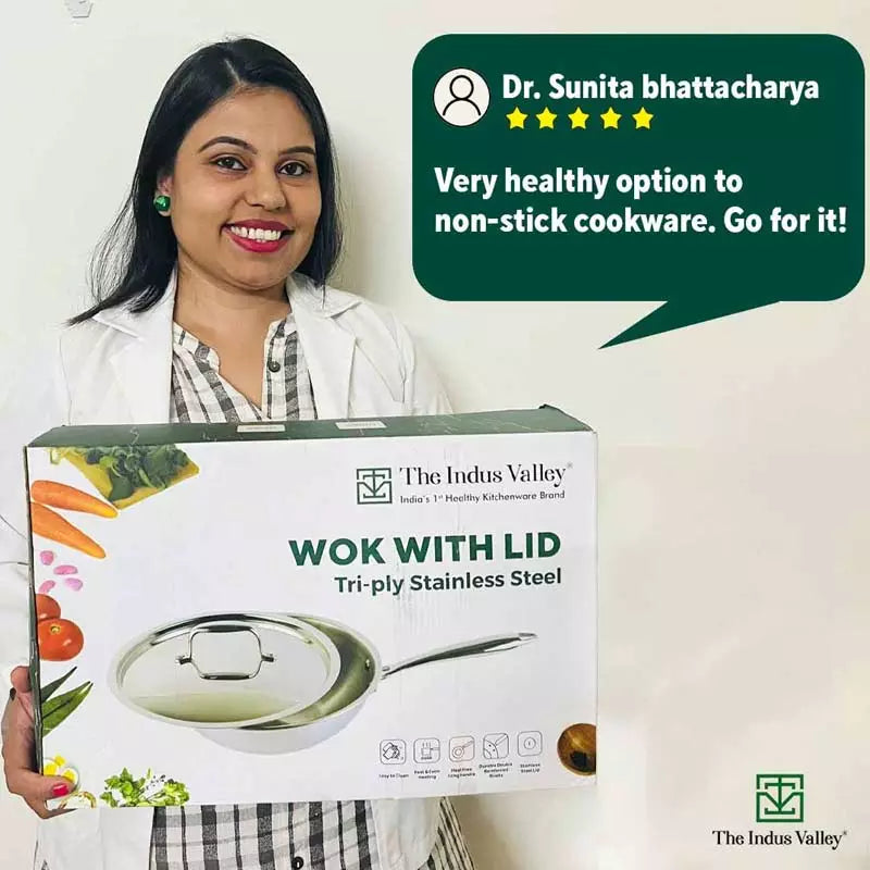 TurboCuk Tri-ply Stainless Steel Wok/Fry Pan+ Steel Lid, Premium Quality, 3 Layer Thick Body, 100% Toxin-free, Non-stick, Induction & Gas, 1.8/2.3L, 1/1.6kg