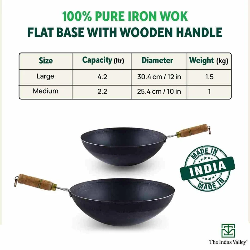 100% Pure Iron Wok with Wooden Handle, Toxin-free Sheet Iron, Pre-seasoned, 2.2/4.2L, 1/1.5kg