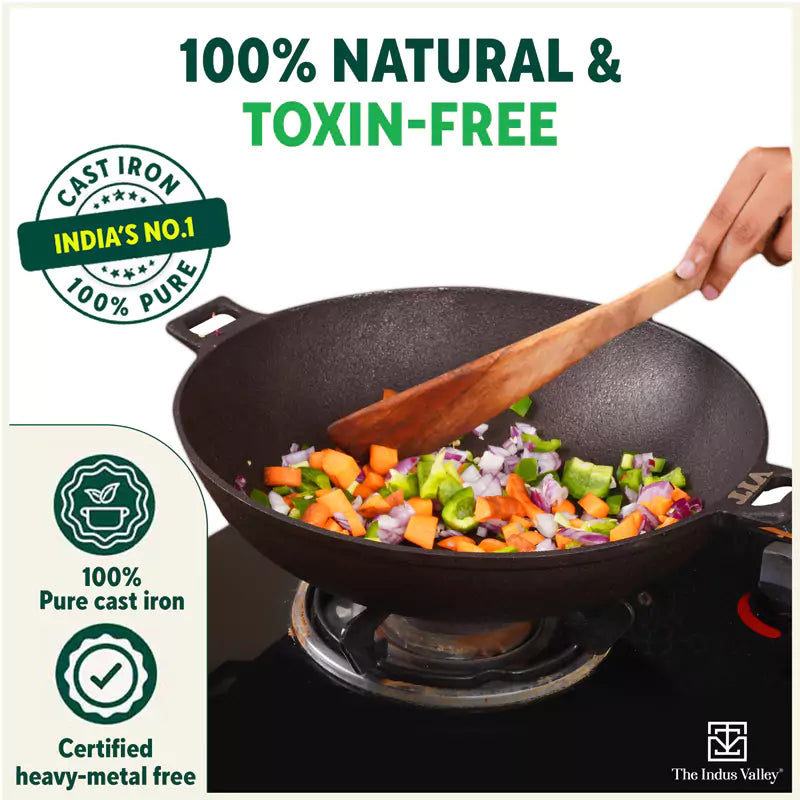 CASTrong Cast Iron Wok Kadai, Pre-seasoned, 100% Pure, Toxin-free, 31cm, 3.2L, 2.8kg