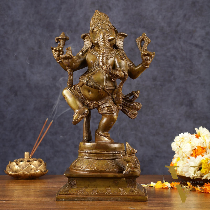 Chola-Inspired Dancing Ganapati Brass Statue | Nritya Ganesha | Height: 13 inch