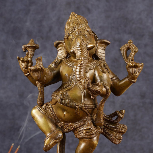 Chola-Inspired Dancing Ganapati Brass Statue | Nritya Ganesha | Height: 13 inch
