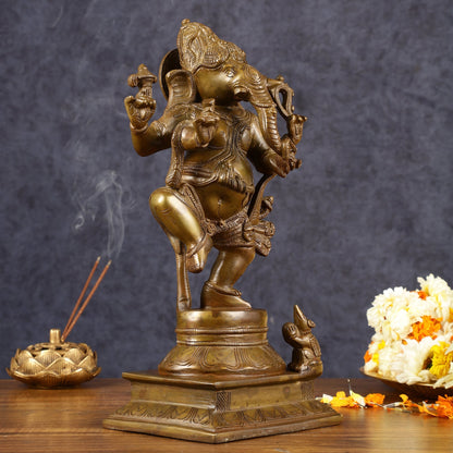 Chola-Inspired Dancing Ganapati Brass Statue | Nritya Ganesha | Height: 13 inch