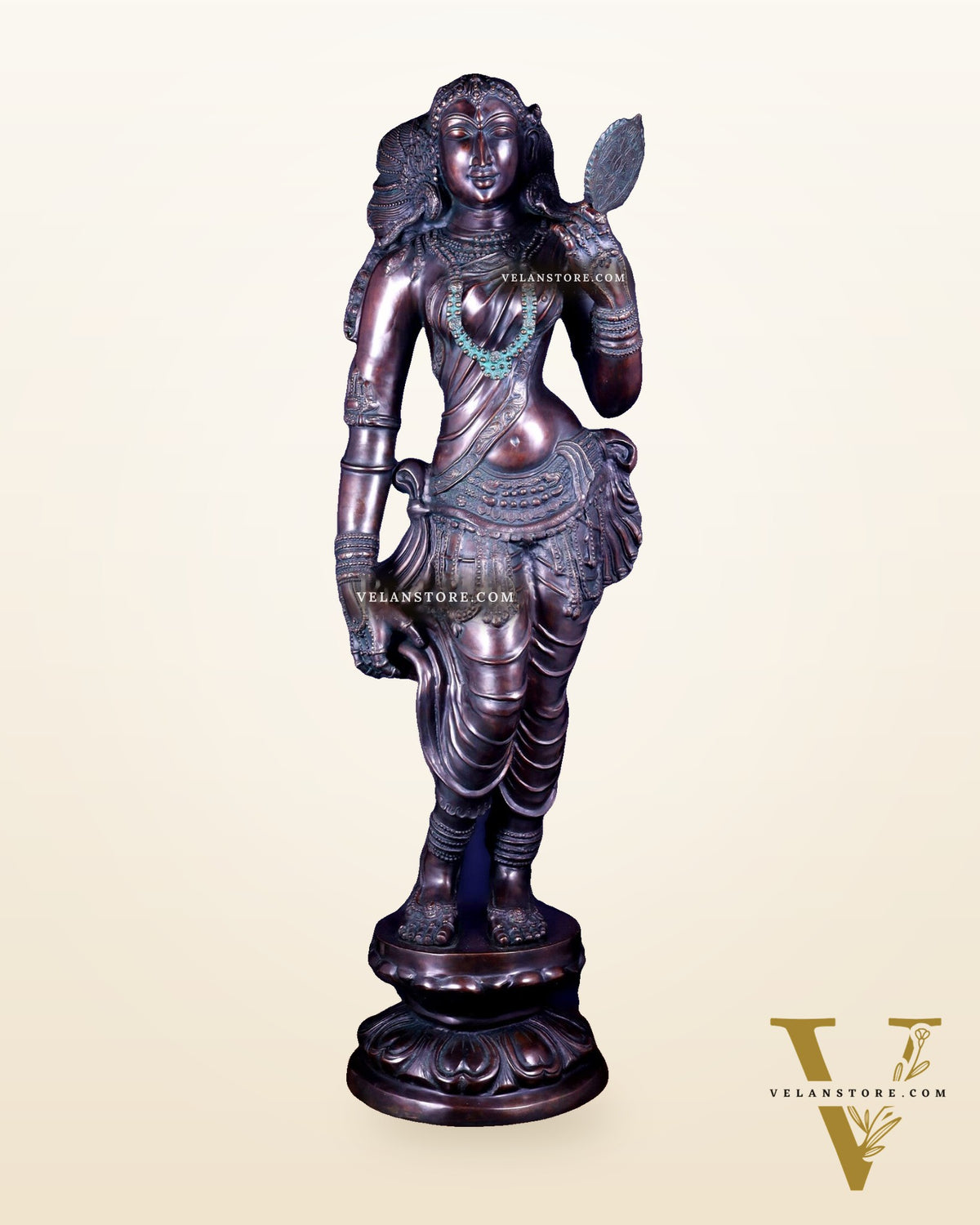 Chola Style Apsara Holding a Mirror – Large Vintage Finish Sculpture 50 inch