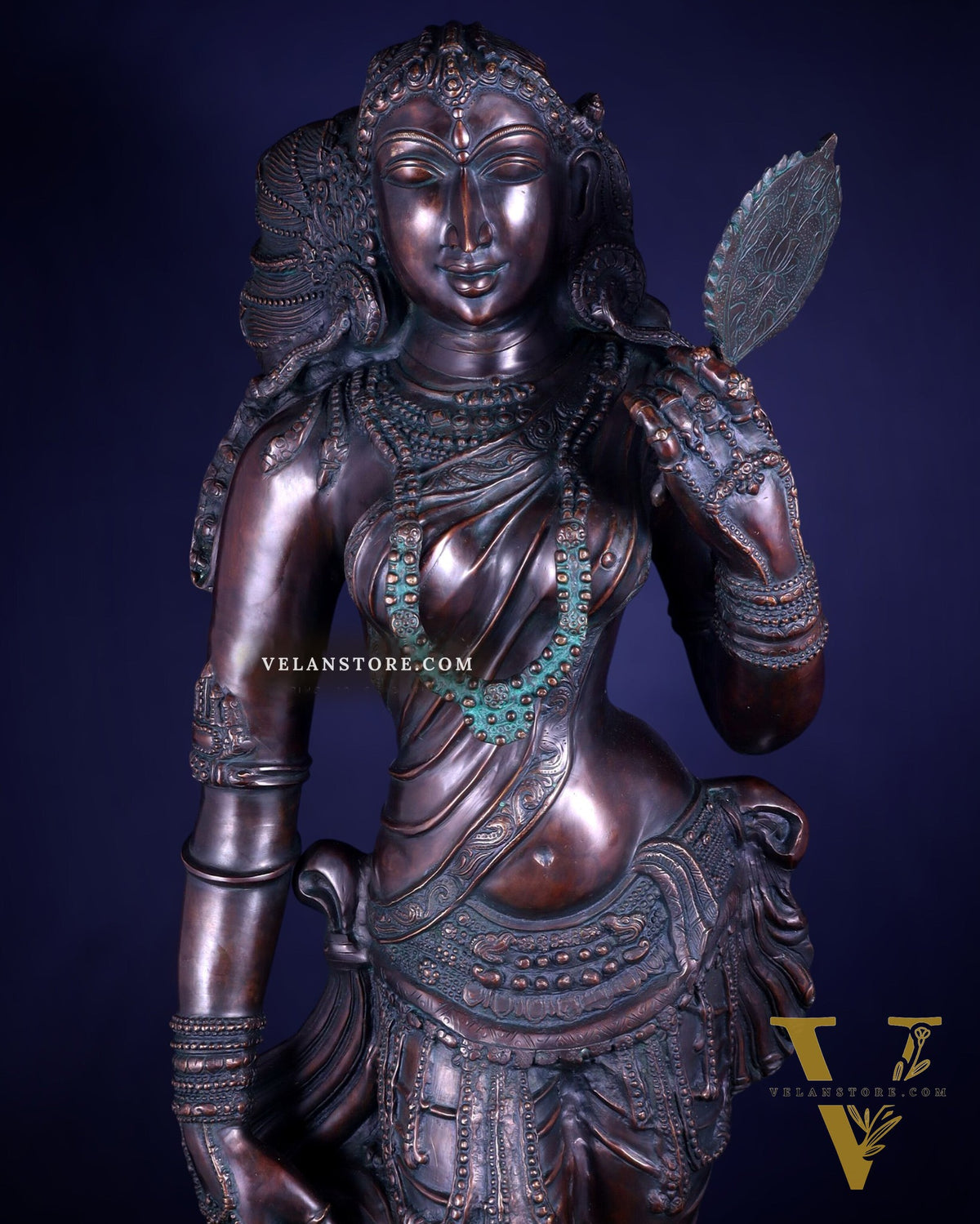 Chola Style Apsara Holding a Mirror – Large Vintage Finish Sculpture 50 inch
