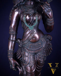 Chola Style Apsara Holding a Mirror – Large Vintage Finish Sculpture 50 inch