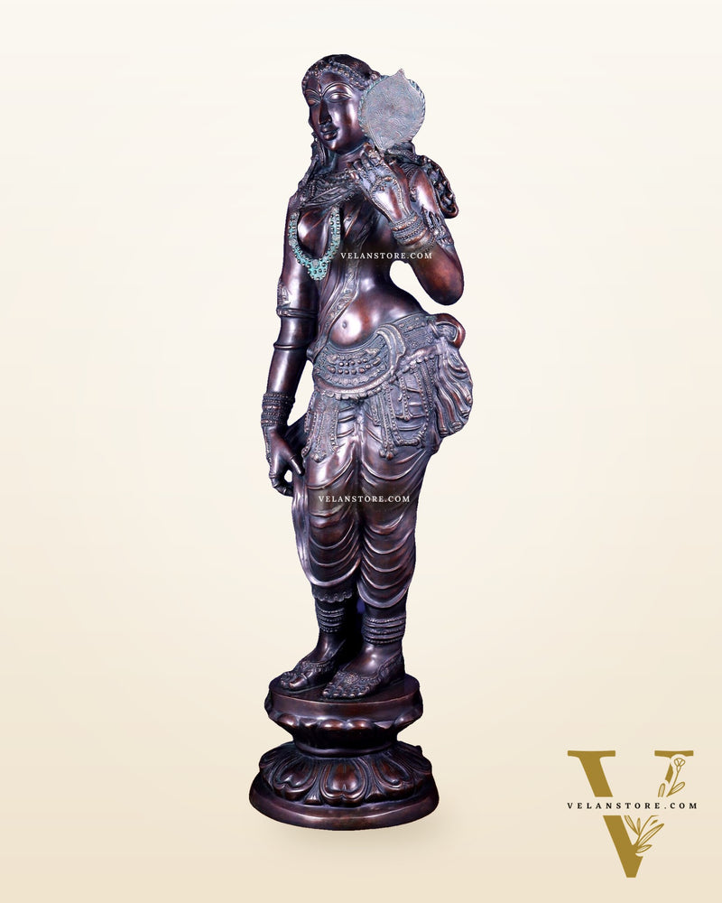 Chola Style Apsara Holding a Mirror – Large Vintage Finish Sculpture 50 inch