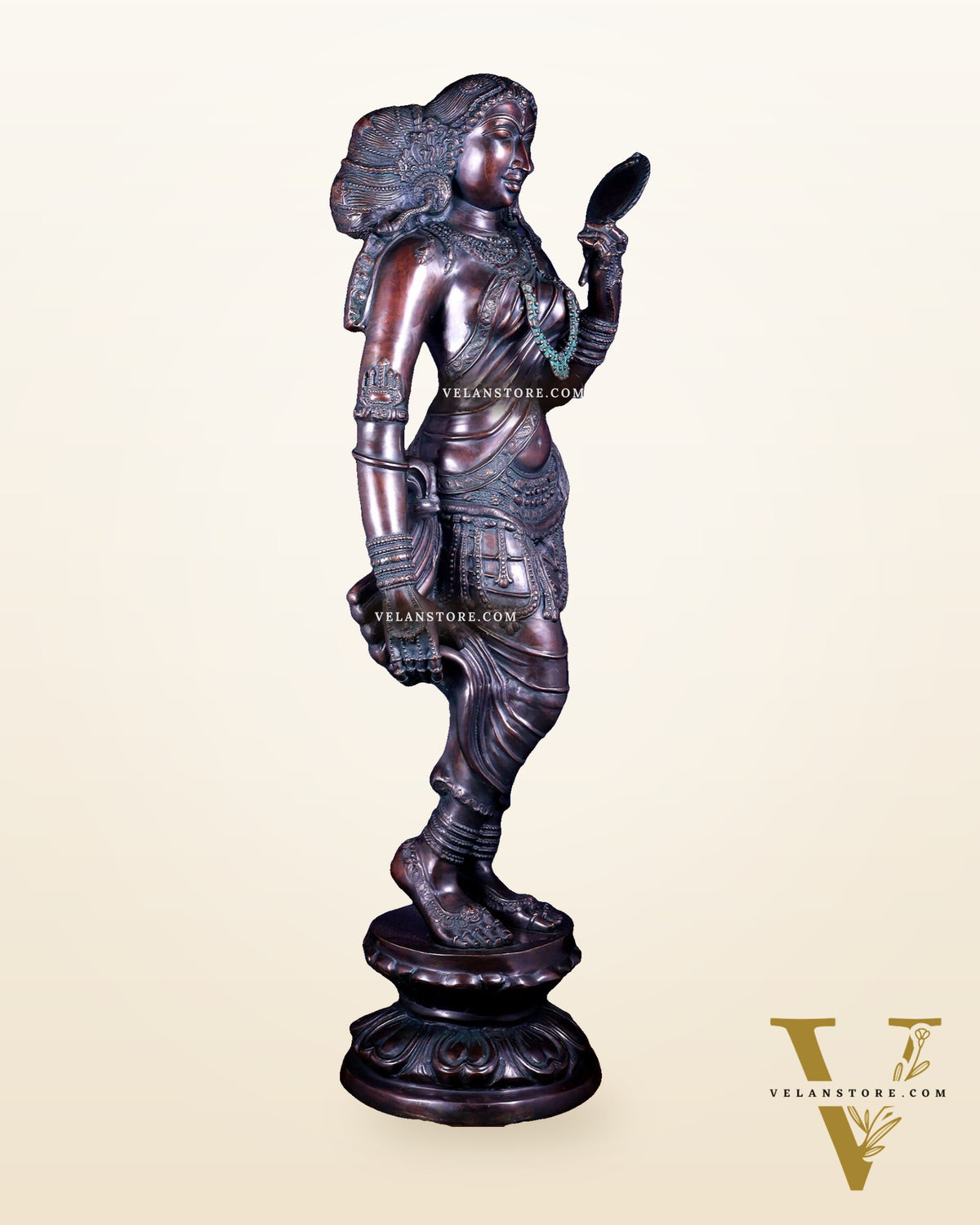 Chola Style Apsara Holding a Mirror – Large Vintage Finish Sculpture 50 inch