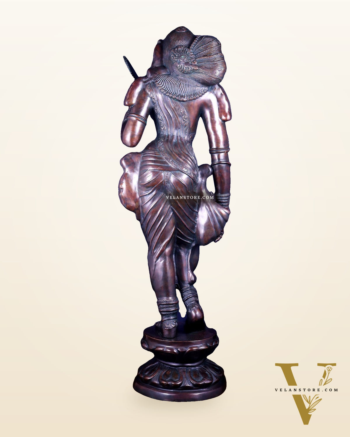 Chola Style Apsara Holding a Mirror – Large Vintage Finish Sculpture 50 inch