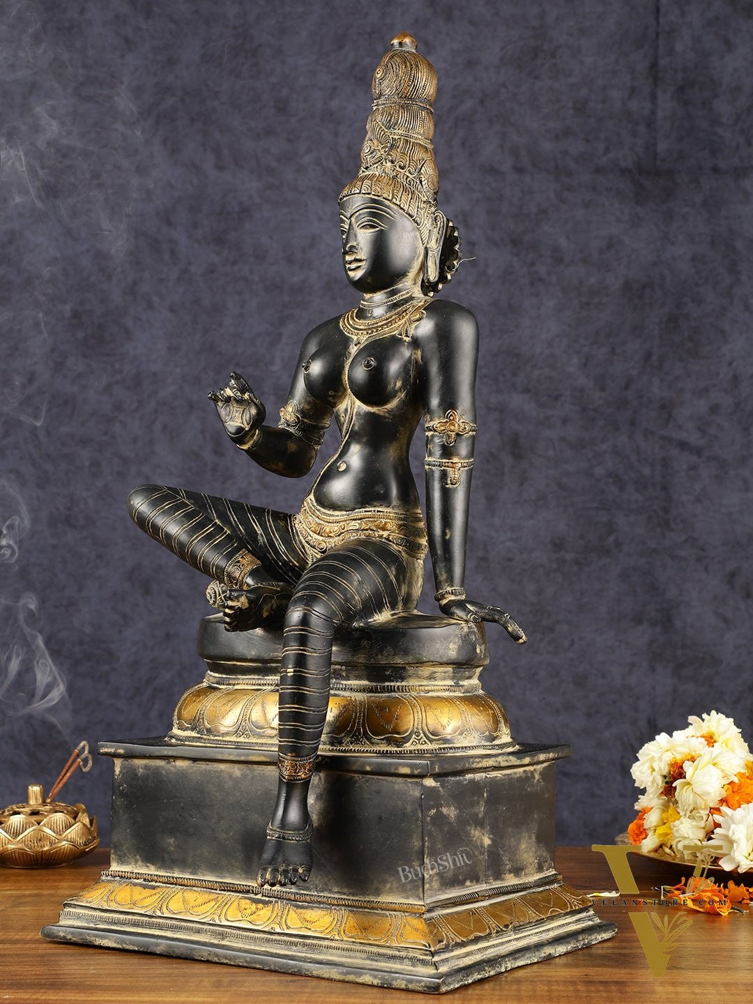 Chola Style Bhoga Shakti Brass Seated Parvati Uma Devi Sculpture | Height: 20.5 inch