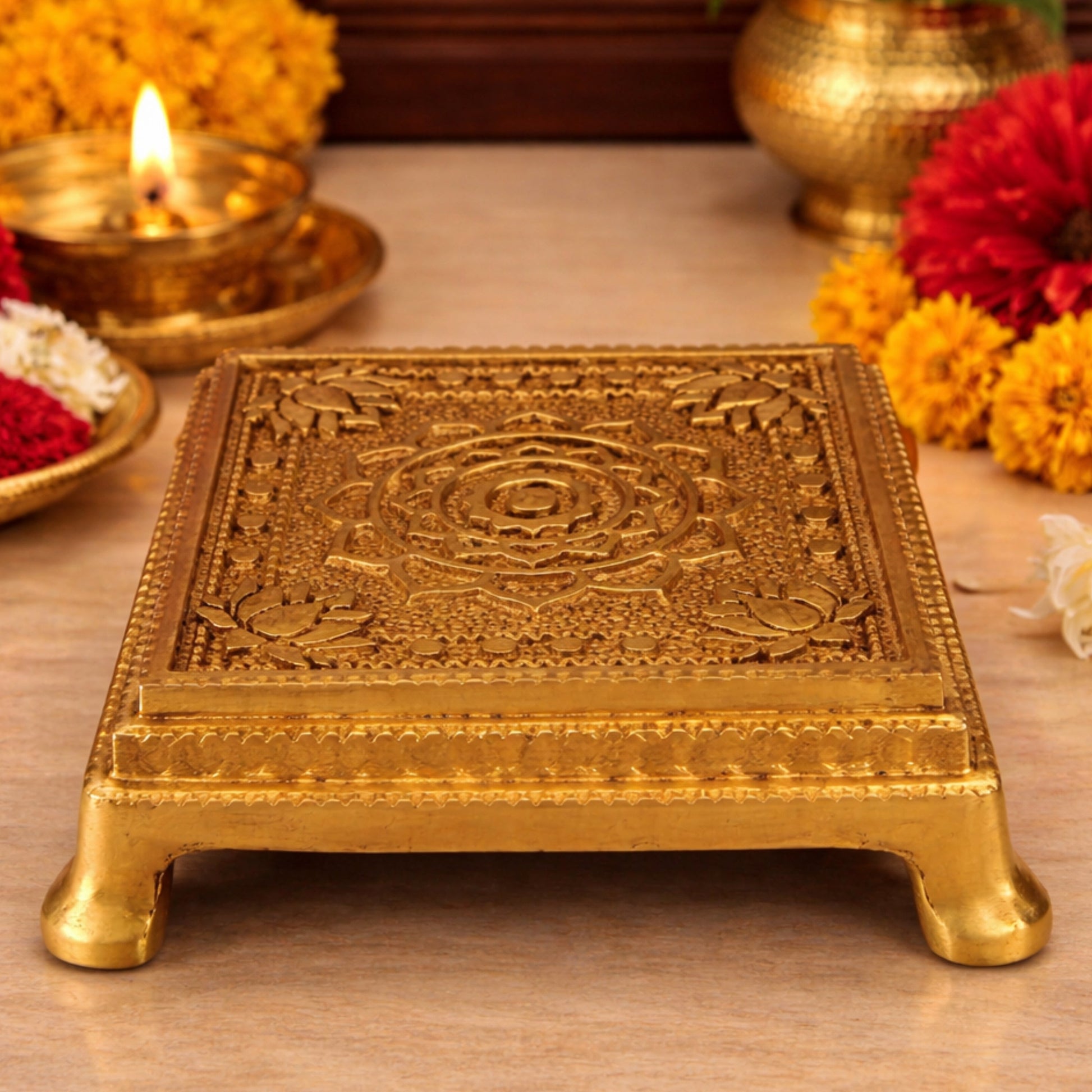 Brass Chowki, Handmade Pooja Platform, Spiritual Bajot Temple & Home Decor, Gold, 4 Inch, 1 Piece