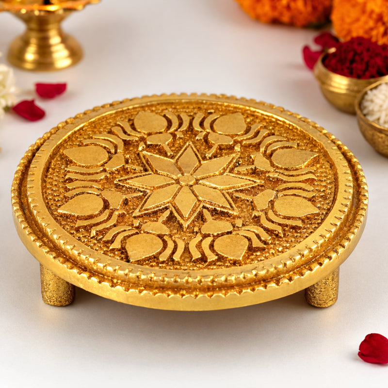 Brass Chowki, Handmade Pooja Chowki, Spiritual Bajot Home & Temple Decor, Gold, 3 Inch, 1 Piece