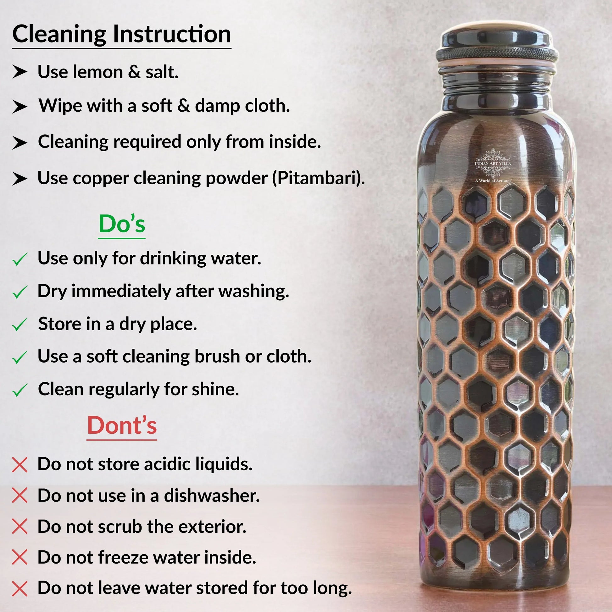 Antique Diamond Design Pure Copper Water Bottle -900ML