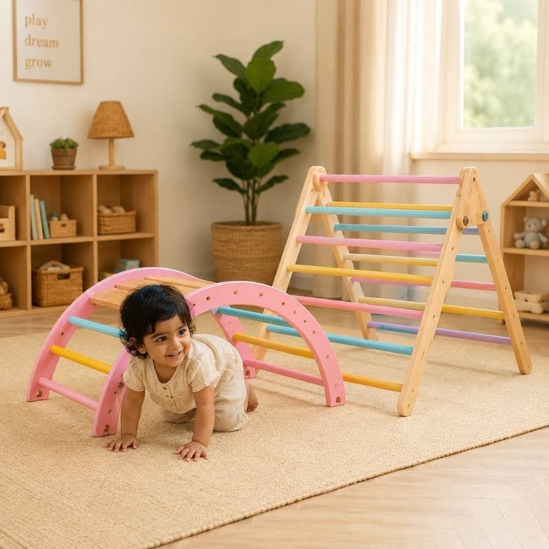 Montessori Climbing Arch & Pikler Triangle Set for Kids — Wooden Indoor Playset