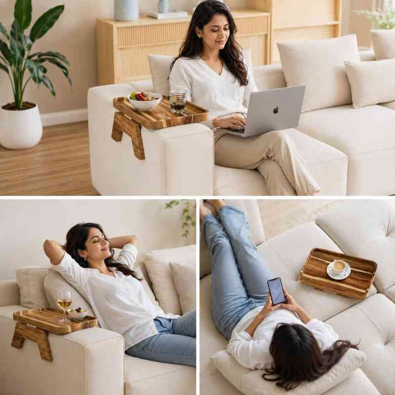 Luxury Wooden Sofa Arm Tray – Clip-On Couch Armrest Table for Drinks, Snacks & Remote